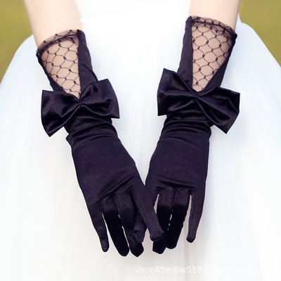 新娘手套写真旅拍照婚纱礼服配饰婚庆礼仪女式缎面蝴蝶结黑色手套