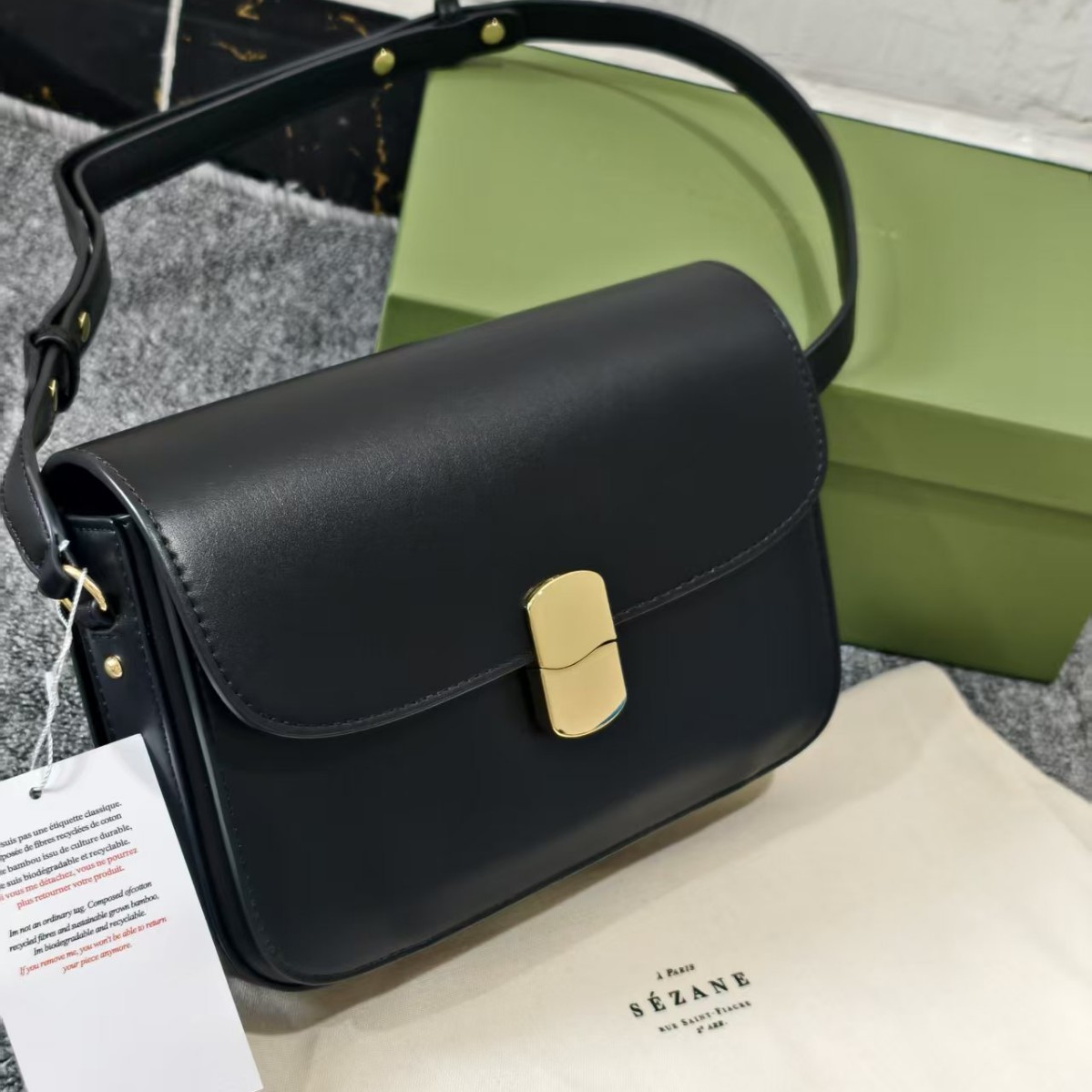 French Sézane underarm bag, retro flap small square bag, genuine leather, Maillard color, shoulder bag, metal lock closure