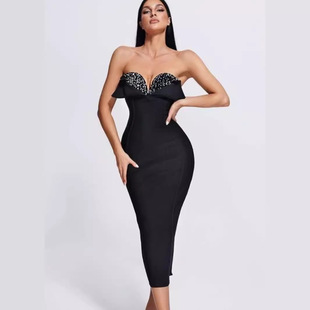 Bandagedress European and American Fashion Sexy Black Strapless Exposed dress Back Nail Diamond Sequin Party Gown