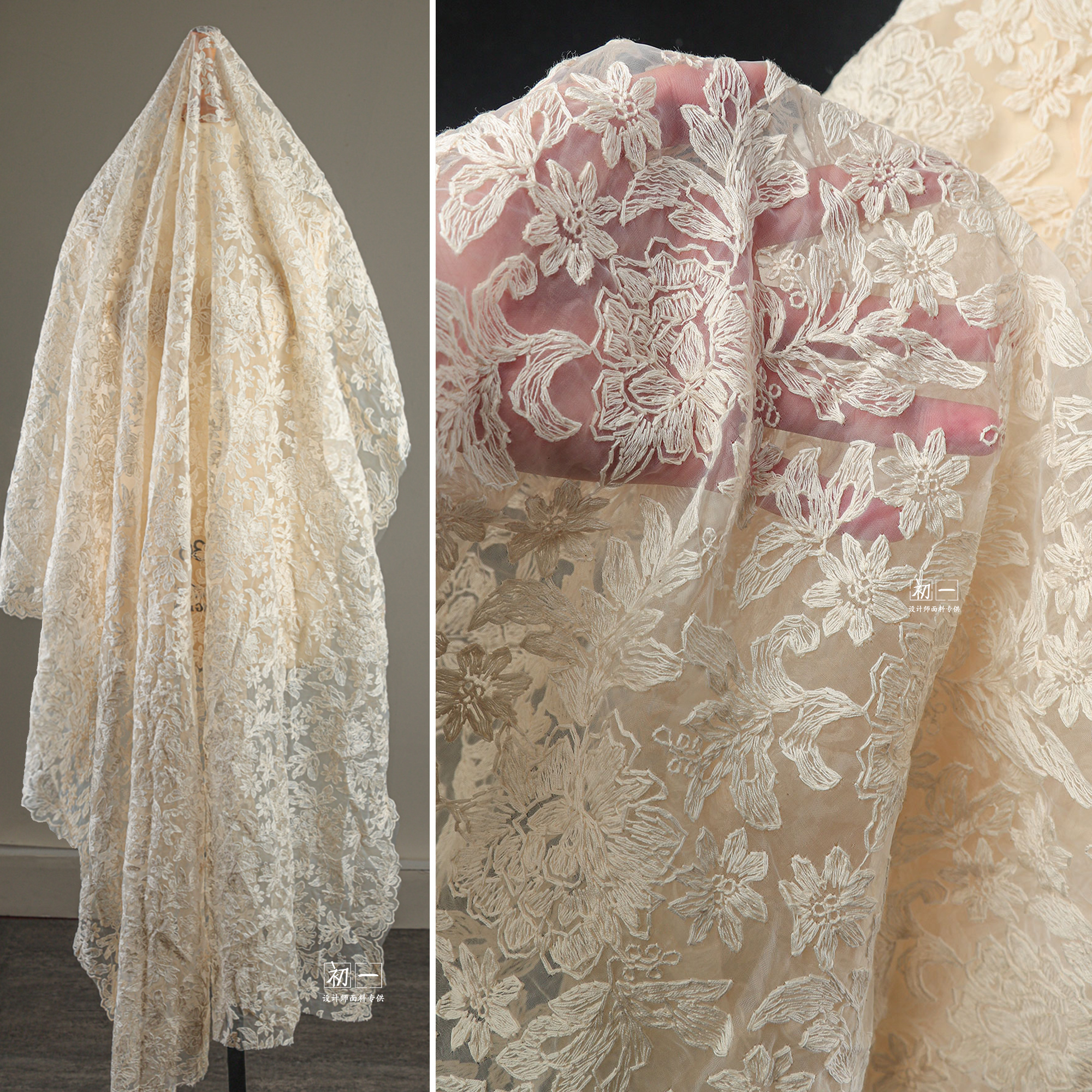 棉线刺绣花蕾丝纱提花布料白色肌理网纱连衣裙披肩服装设计师面料