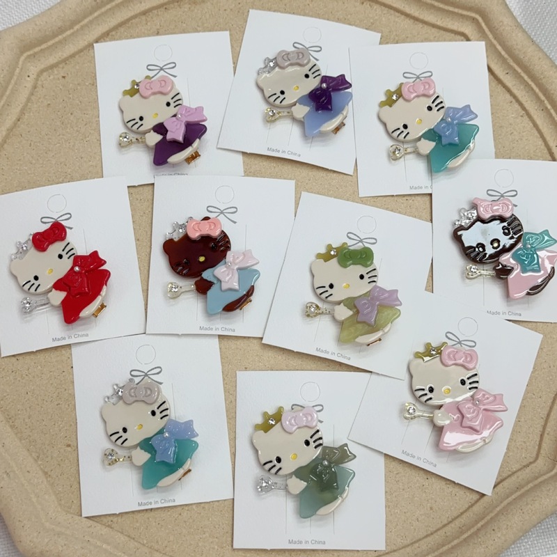 新しいオリジナルデザインのキティ猫プリンセス魔法の杖かわいい絶妙なサイドクリップ酢酸ドットドリル女の子のヘアピン|undefined
