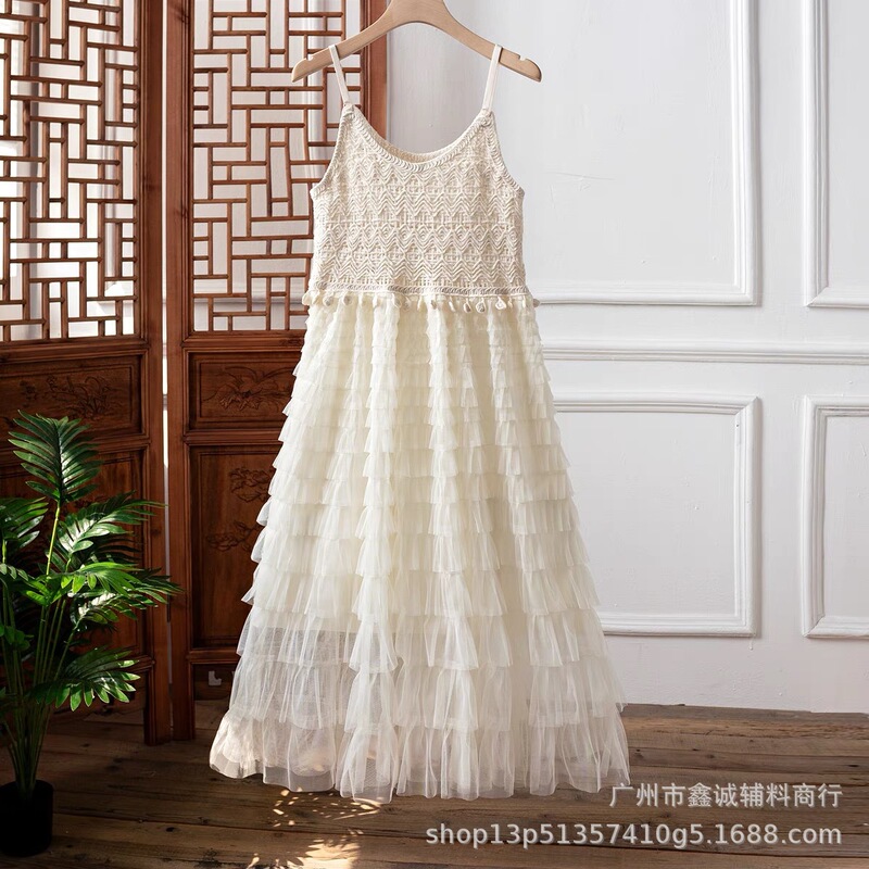 Bohemian Hollow Wave Suspender Cake Skirt for Women Summer New Resort Style Sleeveless Splicing Mesh Dress