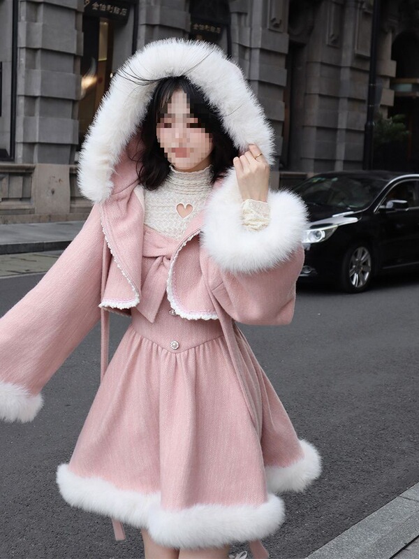 Rila Wonderland Girl Princess Style Heavy-Duty Hooded Cloak + Elegant Suspender Skirt Woolen Suit New Winter Style