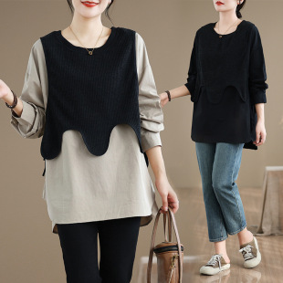 2025 Spring and Autumn Korean Style Round Neck Pullover Knitted Patchwork Shirt 1771 # Fake Two-Piece Loose Shirt Top