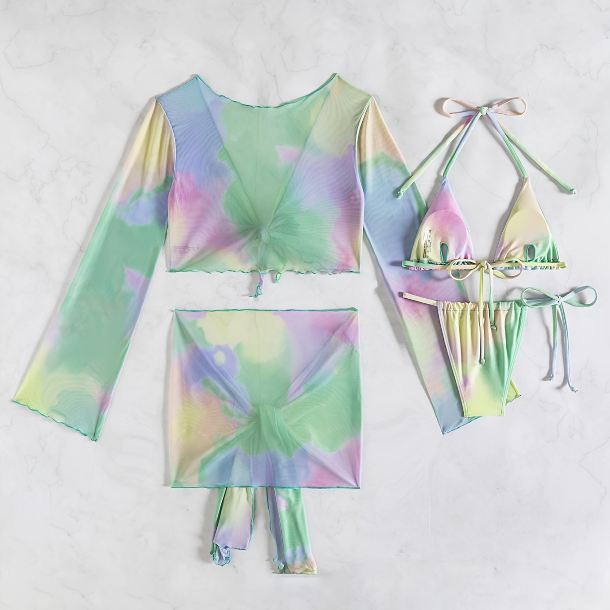 欧美外贸批发2025新款跨境泳衣女装修身印花绢网四件套游泳衣