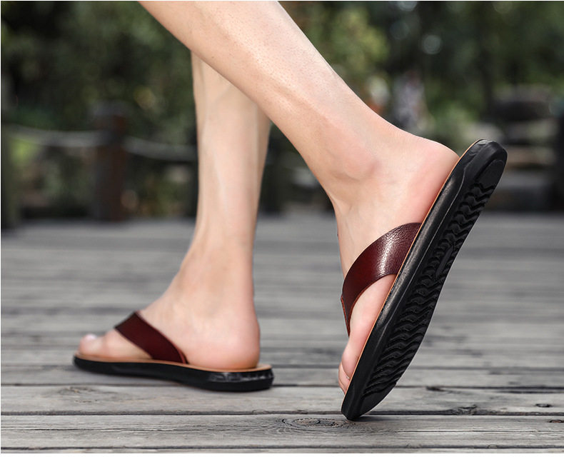 Dép lê nam quai ngang xỏ ngón chống trơn trượt, dép da đi biển cỡ lớn — Kaki, Màu trắng, Màu xanh lam, Nâu vàng chi tiết 14