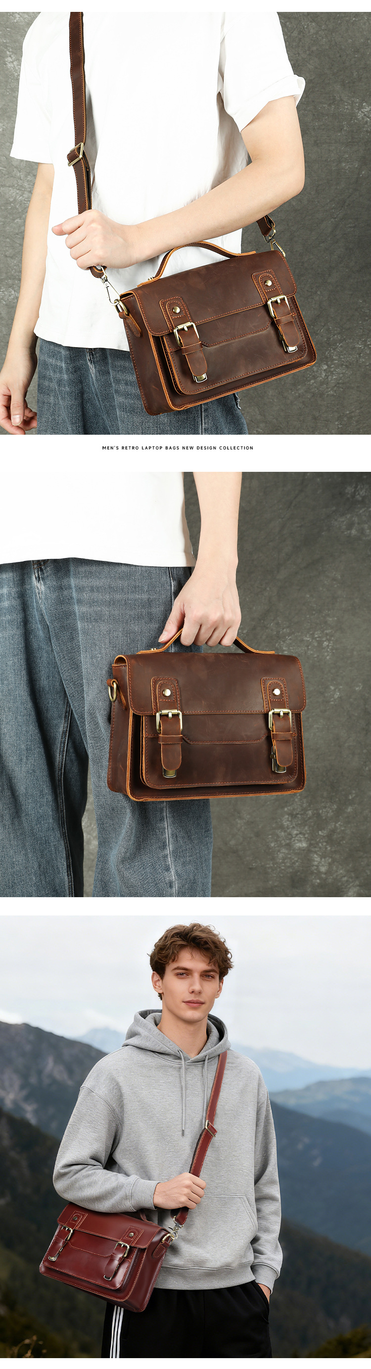 Túi da thật satchel nam phong cách retro, đựng tài liệu dung tích lớn, vừa laptop 15 inch — Cà phê (cỡ nhỏ) chi tiết 2