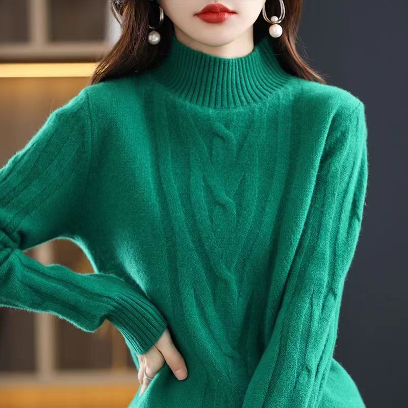 2024 otoño y invierno nuevo cómodo casual camiseta de punto de cuello medio alto de mujer torsión fondo suéter de punto suelto al por mayor