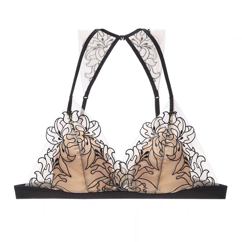 French-style innerwear for women, pure desire, crossed back, thin wire-free triangle cup embroidered contrasting color bra