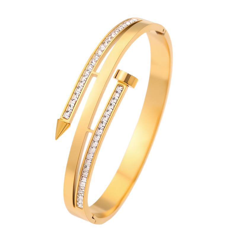 Pulsera de titanio con incrustaciones de diamantes para mujer, se puede usar en la ducha sin decolorarse, estilo europeo y americano, pulsera versátil de acero inoxidable para parejas. image 6