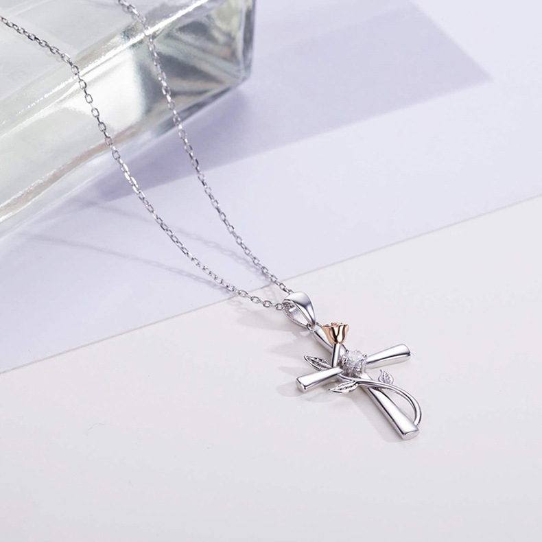 Holiday, Daily Occasion 925 Sterling Silver Material Cross, Rose Pattern 925 Sterling Silver Plating Cross Rose Pendant Necklace