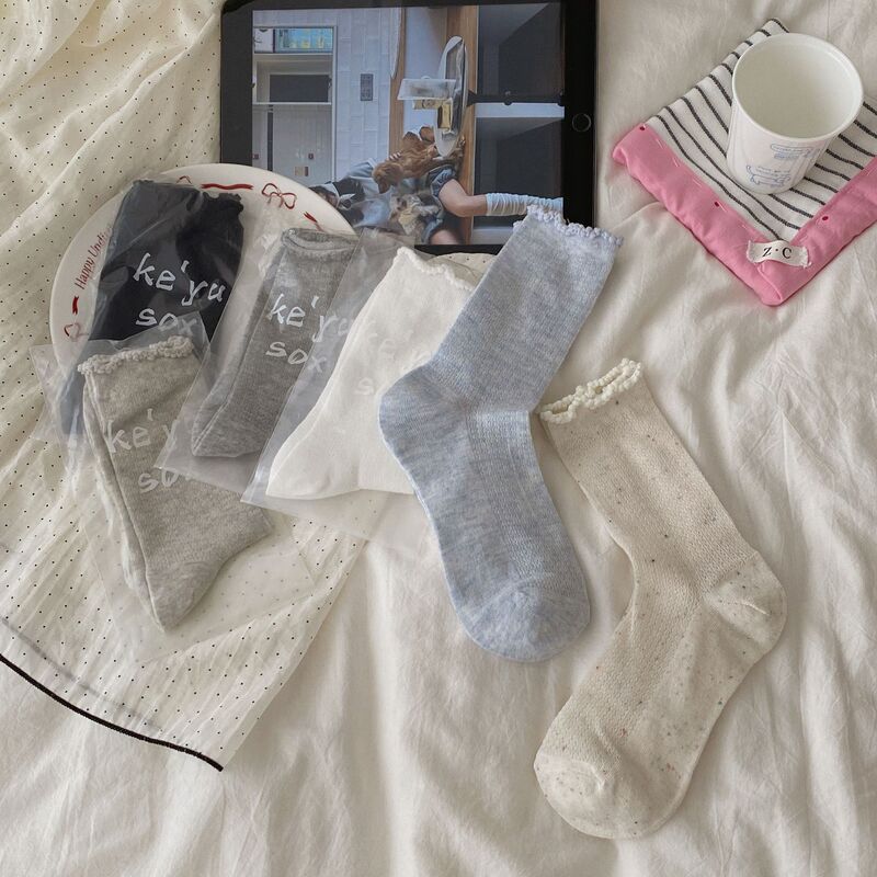 Korean-Style Pearl Lace Dot Yarn Socks for Women, Spring and Summer Thin Breathable Versatile Slouch Socks, Ins Trendy Cotton Mid-Tube Socks