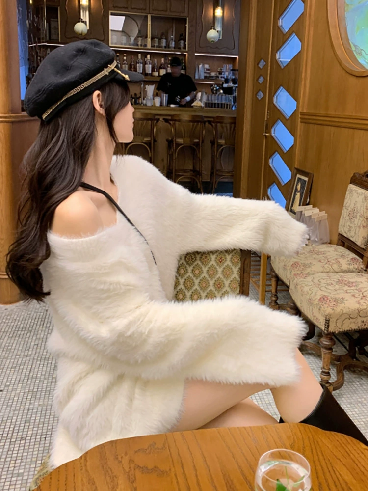 Осенне-Зимний новый норковый бархатный свободный мягкий восковой сладкий пуловер с V-образным вырезом, однотонный толстый топ в ленивом стиле для женщин