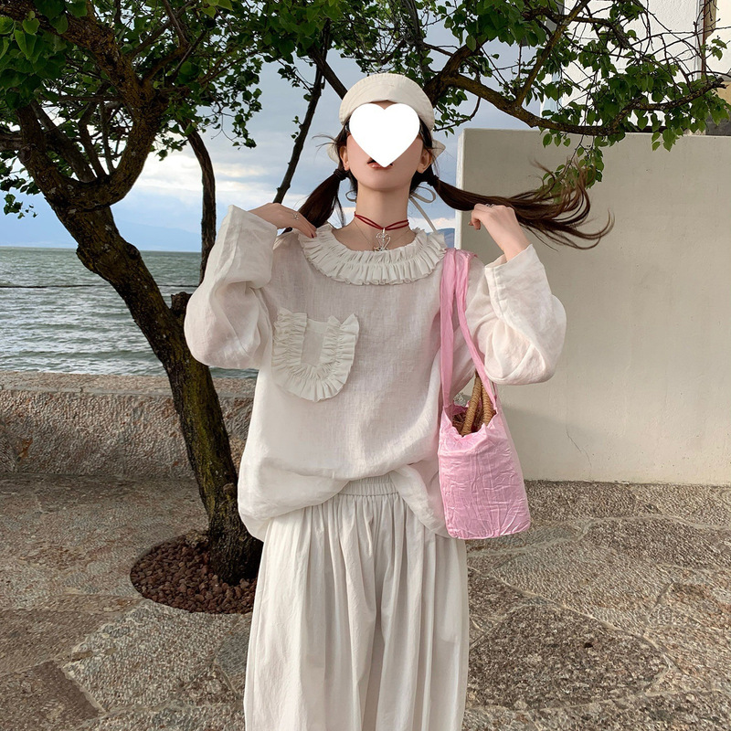 US【New Product on the 15th at 8 PM】All-linen pleated lace shirt top US【New Product on the 15th at 8 PM】All-linen pleated lace shirt top
