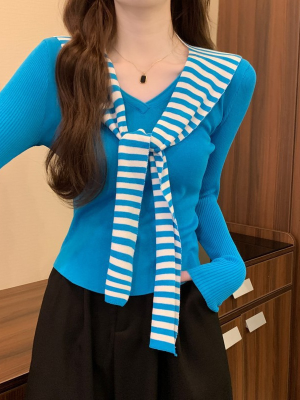 韩系海军领披肩针织打底衫女秋季设计感小众chic别致内搭短款上衣|undefined