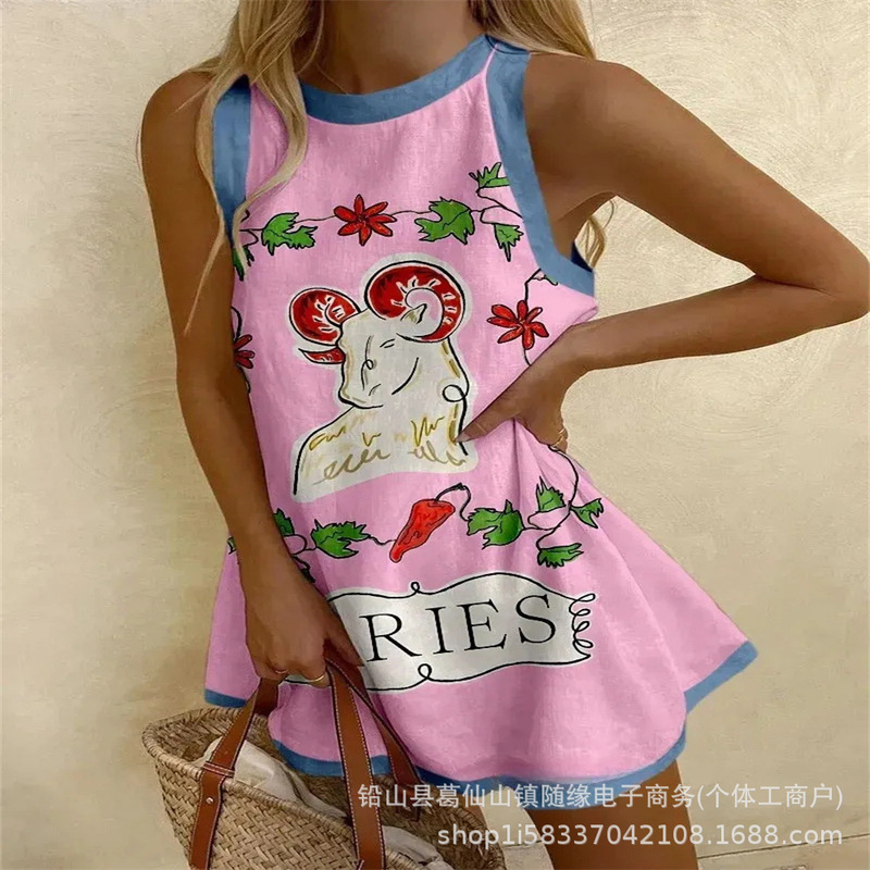 2026 Retro Carousel Cartoon Print Sleeveless Vest Dress Textured Holiday Style Women's Dress 2026 Retro Carousel Cartoon Print Sleeveless Vest Dress Textured Holiday Style Women's Dress