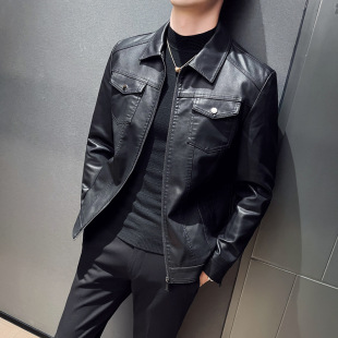 Leather coat men's autumn and winter New Korean style slim-fit short fashion lapel men's leather jacket fashion brand motorcycle jacket men