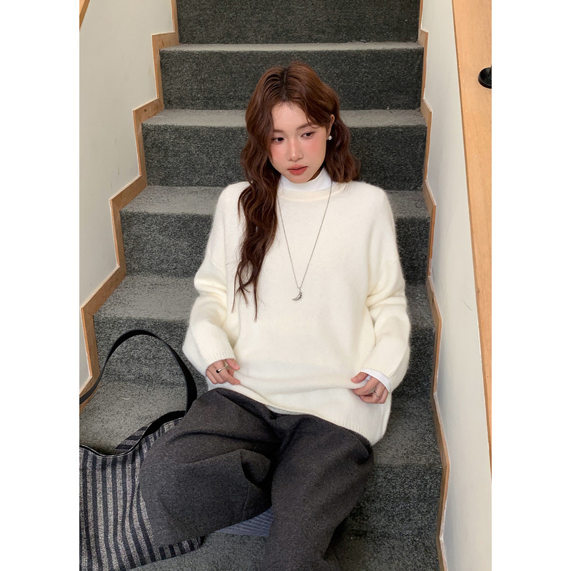Loose-Fitting Rabbit Fur Sweater with Dropped Shoulder Sleeves, Thick and Versatile Korean Style Top 0749 Loose-Fitting Rabbit Fur Sweater with Dropped Shoulder Sleeves, Thick and Versatile Korean Style Top 0749