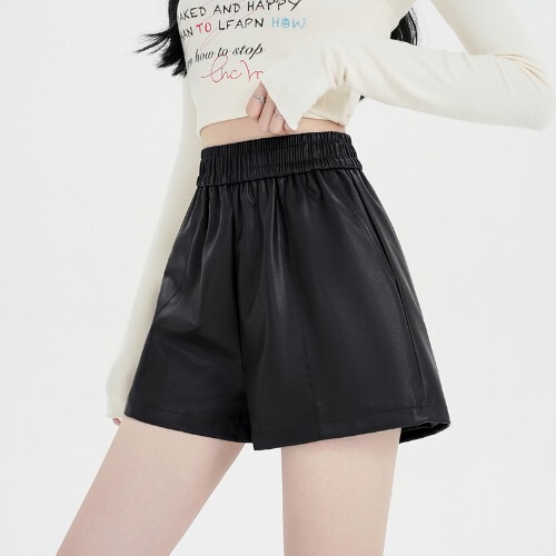 Brown pu leather shorts women's spring autumn and winter elastic high waist wide leg pants loose short black A- line boots pants fashion