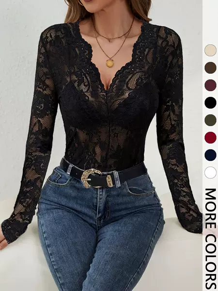 European and American Cross-Border 2026 Spring and Autumn New Sexy Single-Layer Floral Lace Fan-Shaped Decorative Base Shirt Top for Women