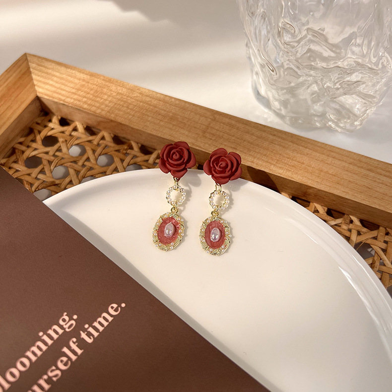 retro baroque diamond pearl red camellia oil drop gem drop earrings wholesalepicture4