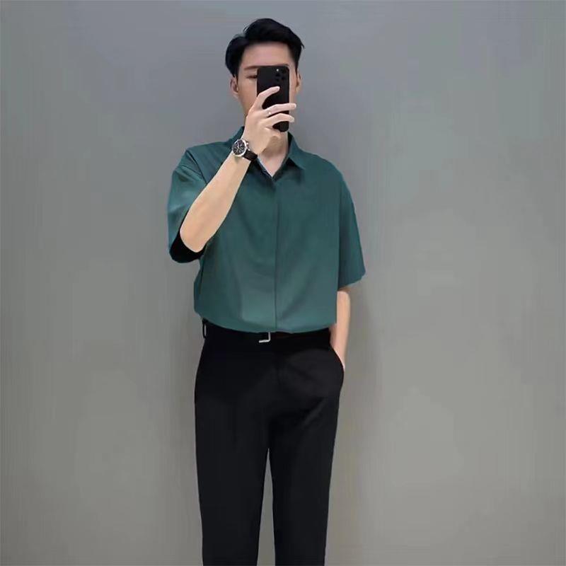 비 다림질 드레이핑 반팔 셔츠 남성용 아이스 실크 여름 세트 가벼운 성숙한 바람 세트 느슨한 셔츠 남성