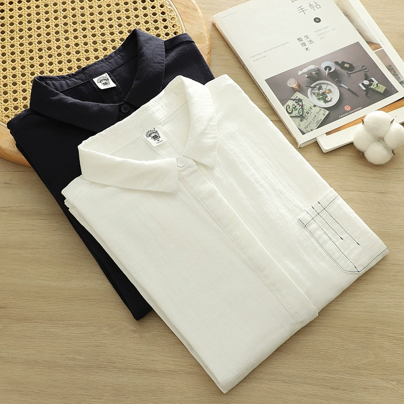 Японский женский двухслойный марлевые карманные вышитые линии женские кардиганы рубашки с длинными рукавами оптом