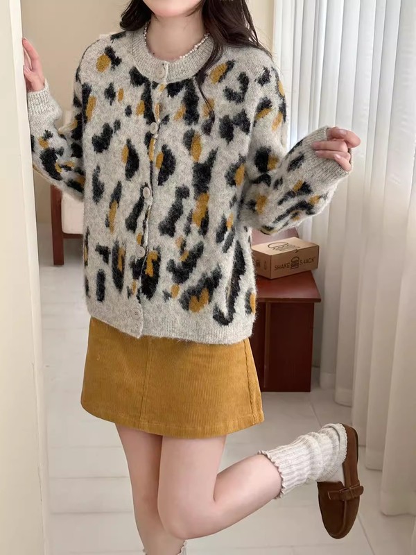 高级感豹纹圆领羊毛针织开衫女秋冬新款宽松慵懒风毛衣外套上衣厚|undefined