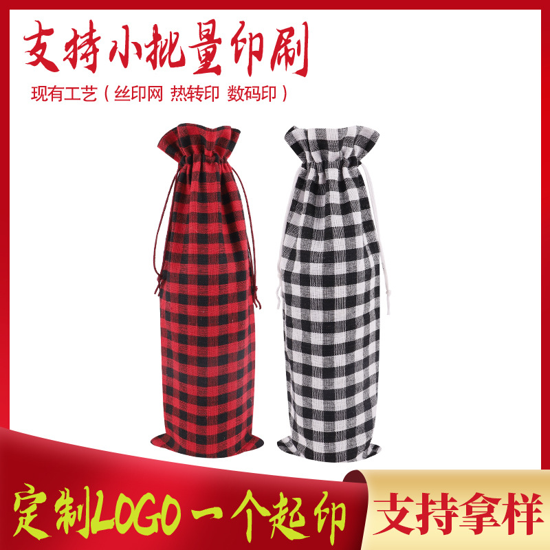 Bolsa de botella de vino de lino a cuadros de Navidad traje 12 etiquetas bolsa de lino de vino tinto con cordón bolsa de embalaje al por mayor
