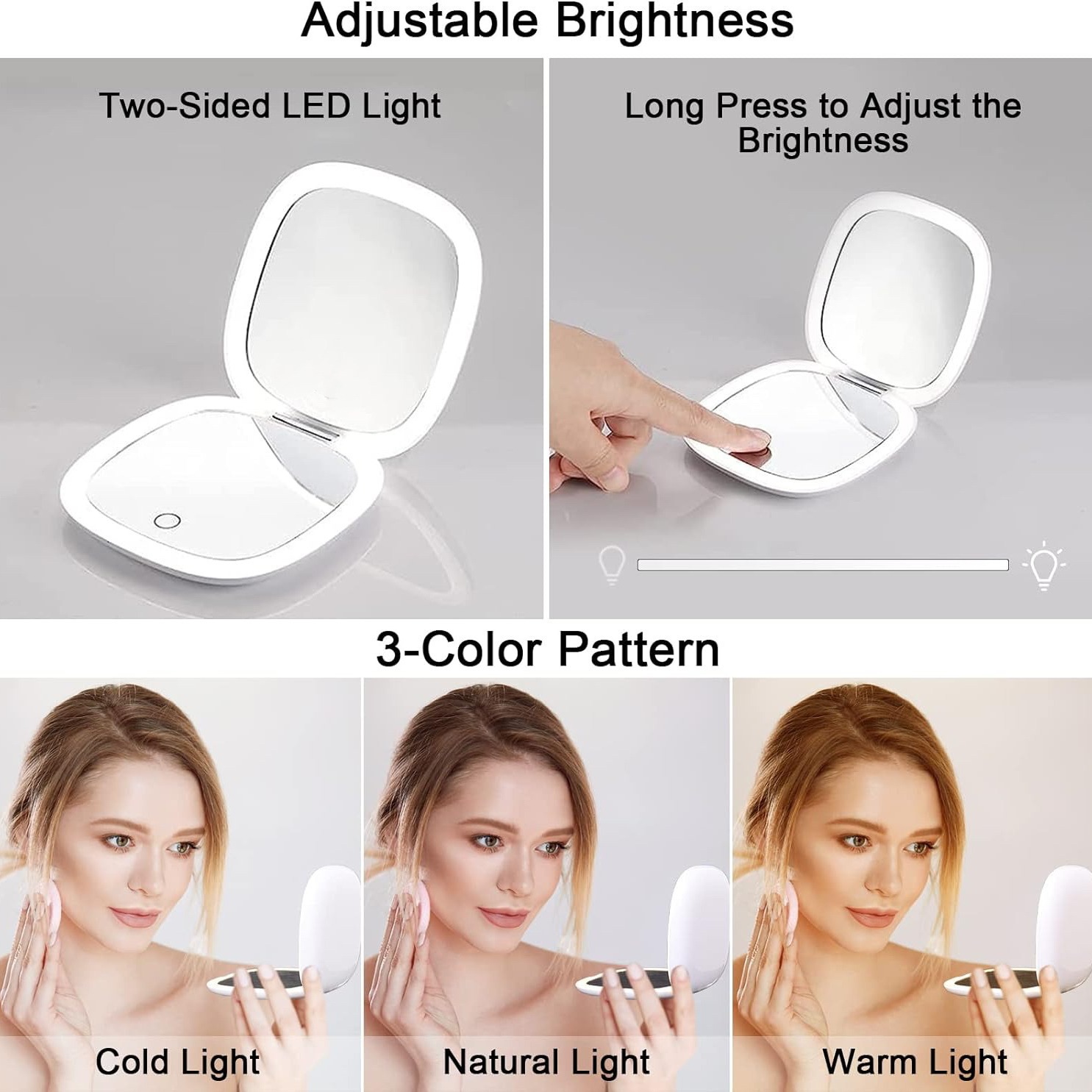 Transfronterizos portátiles luces de doble cara ampliadas led espejo de maquillaje cuadrado plegable luz portátil LED portátil de mano