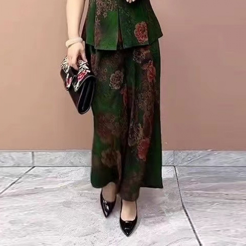 2025妈妈套装夏装新款短袖上衣高腰阔腿裤复古印花显瘦两件套装|undefined