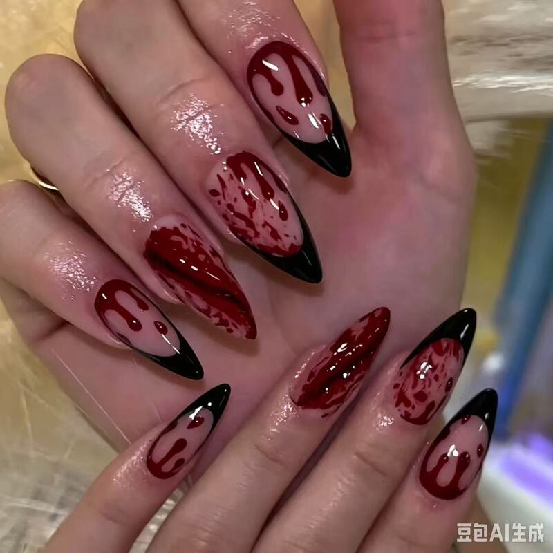 Halloween Bloody Resin French Black Edge Pointed Wearable Nails Gothic Style Splattered Bloodstains Party Cosplay Wearable Nails