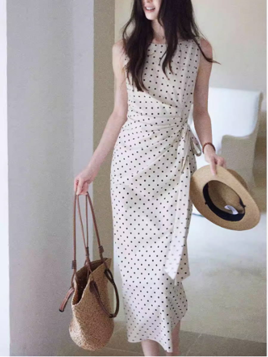 Đầm maxi nữ thắt eo vải lanh Pháp cảm giác sóng chấm — màu mơ