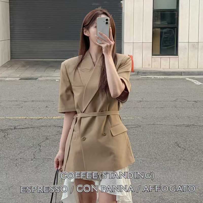 Size Updated: Korean-Style Simple and Elegant Suit Collar Single-Breasted Tie-Waist Slimming Short-Sleeve Blazer