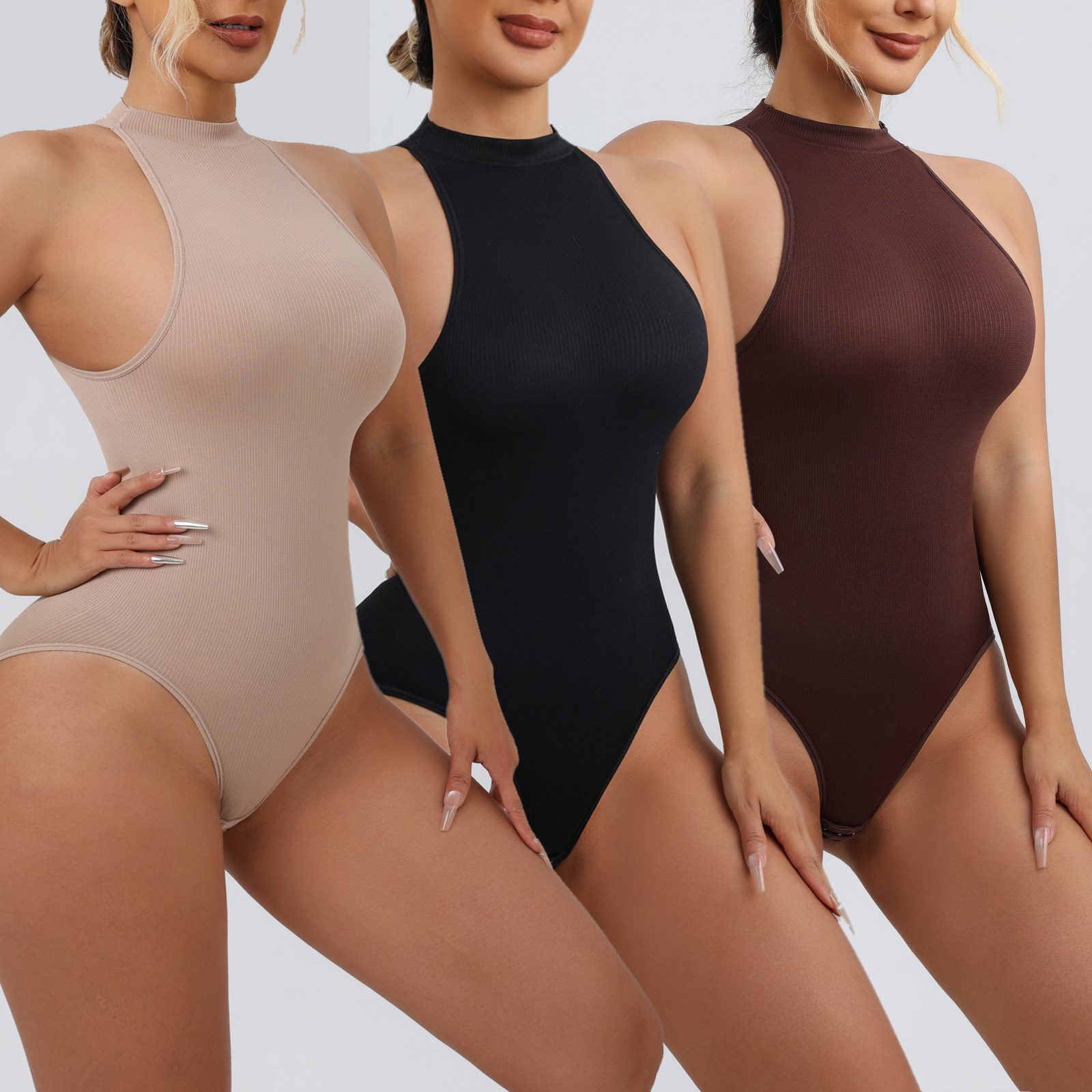 New Cross-Border Style Shapewear with Snap Buttons, High Elasticity, Skin-Friendly, Waist-Cinching, Body-Sculpting, Round Neck, Plus-Size, Tummy Control, One-Piece Bodysuit