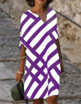 Fashionable V-Neck Striped Printed Mid-Sleeved A-Line Linen Dress_ecoleips.com