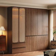 中古风实木衣柜家用卧室新款胡桃色成品柜子藤编复古多挂衣大衣橱
