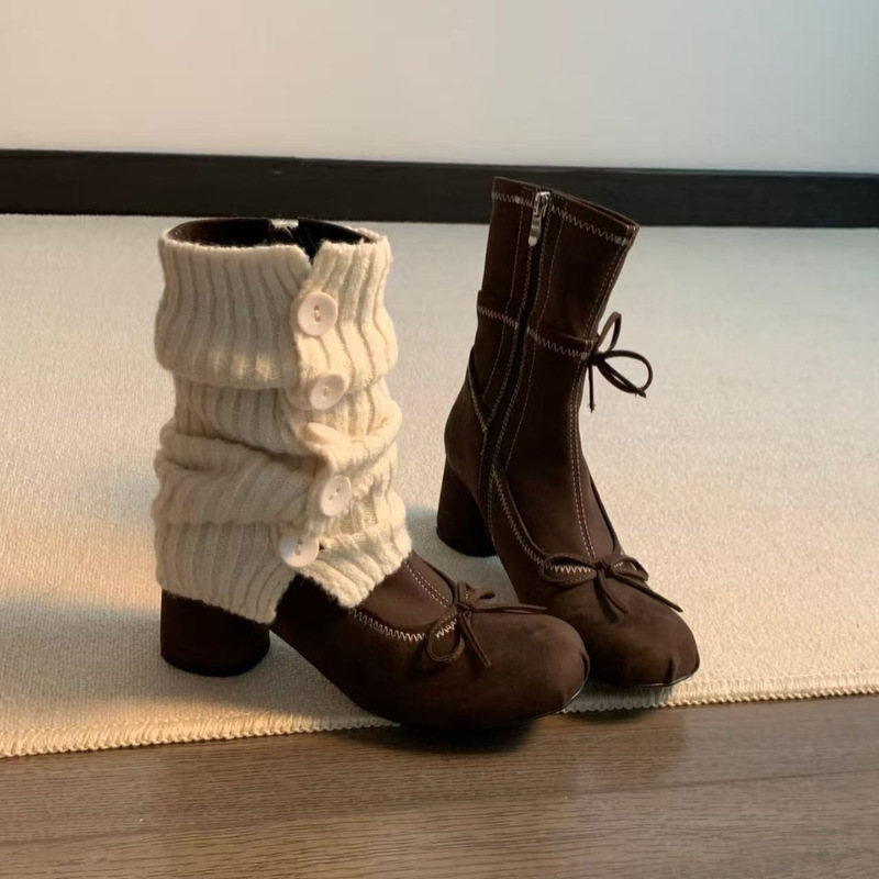 Paired with the sheepskin version~French gentle ballet style chunky heel slim boots with bow and side zipper elastic boot socks