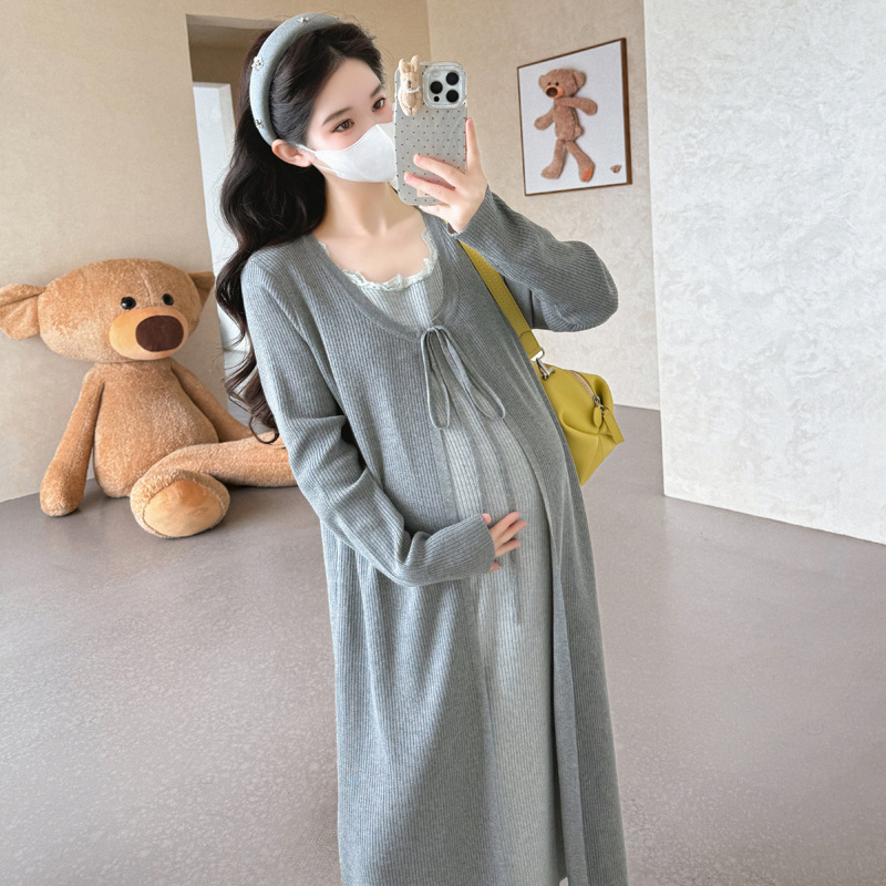 2025秋冬新款孕妇套装甜美假两件蕾丝拼接针织撞色系带孕妇连衣裙|undefined