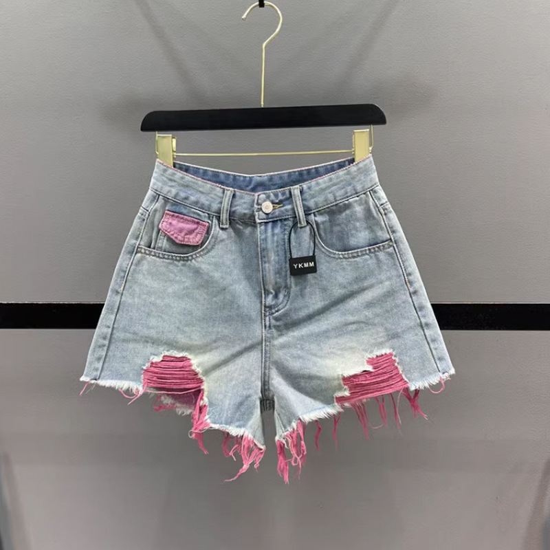 Colorful Ripped Denim Shorts for Women 2024 Summer New High-Waist Slim Sexy A-Line Raw Edge Wide-Leg Pants Hot Pants