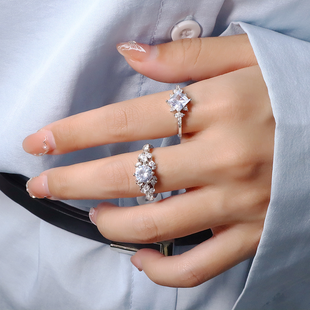 Square Zircon Ring Light Luxury Atmospheric Engagement Proposal Ring Four Claw Ring Classic Sugar Cube Geometric Open Ring