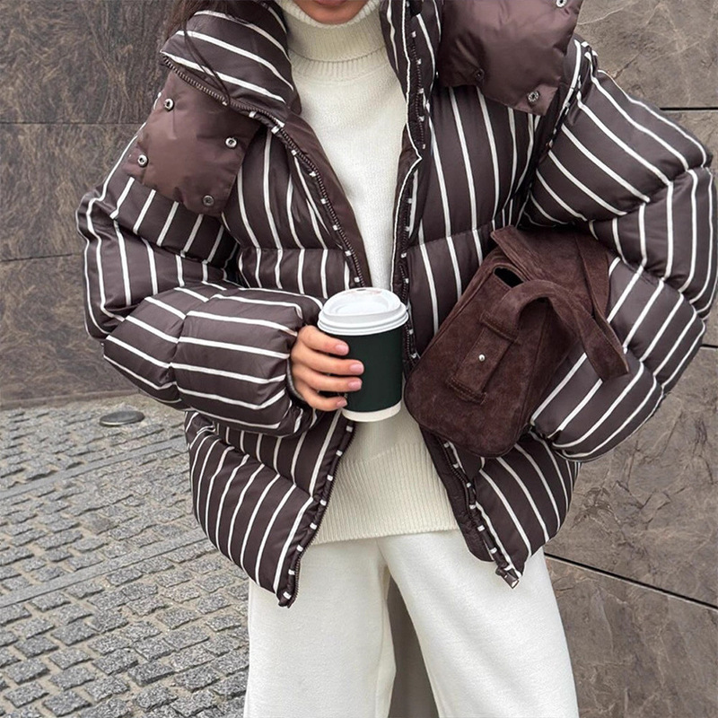 Cross-Border European and American Style Color-Block Striped Stand-Collar Short Detachable Thick Cotton-Padded Jacket Winter Warm Coat for Women