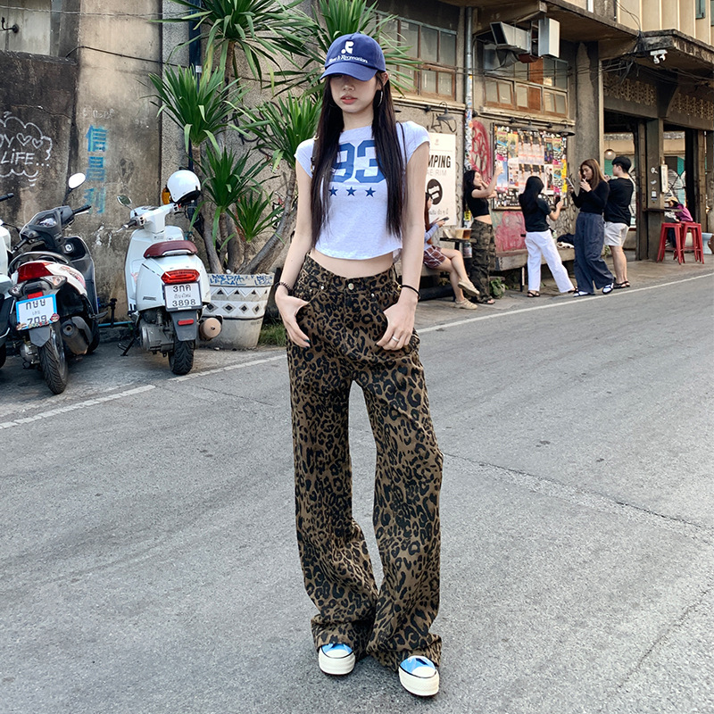 Leopard Print 2025 New High-Waisted Jeans for Women, Wide-Legged, Loose, Autumn and Winter Coffee-Colored Straight Slim Pants for Women, Autumn