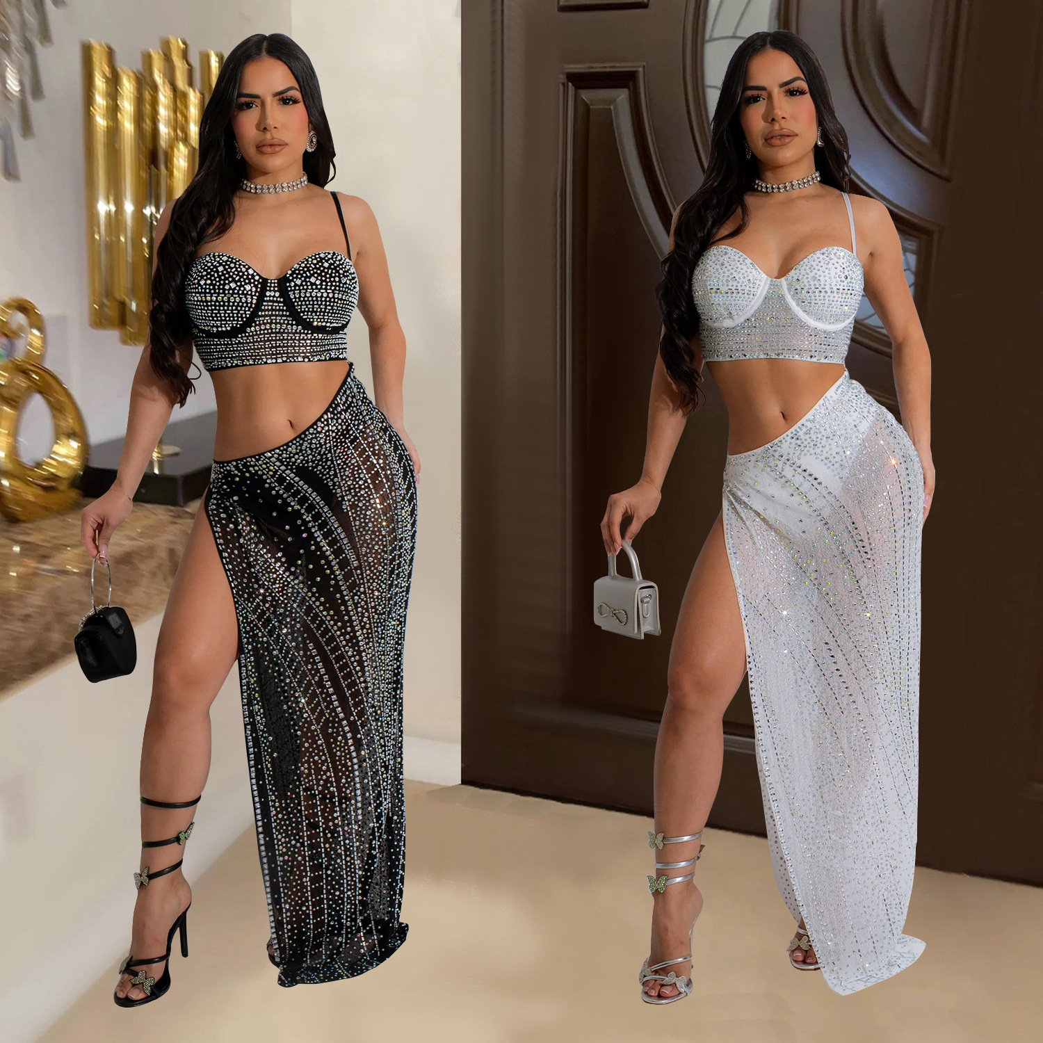 C6949 Cross-border AliExpress Estación independiente de Amazon Moda europea y americana Moda femenina Vestido transparente de diamantes calientes Largo