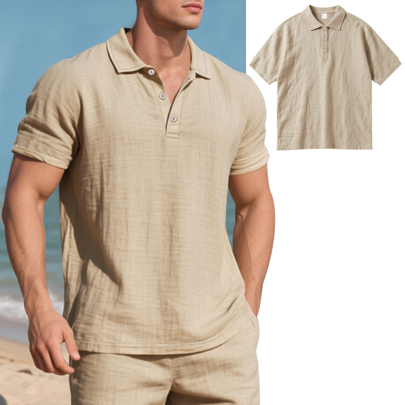 Transfronterizo europeo y americano verano hombres estilo británico tendencia suelta lino transpirable casual solapa hebilla camisa POLO manga corta