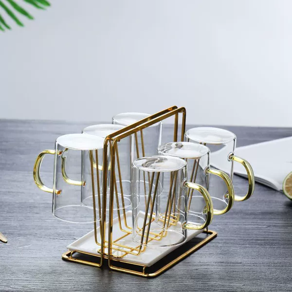 Qingshi pot + six cups + golden cup holder + tray