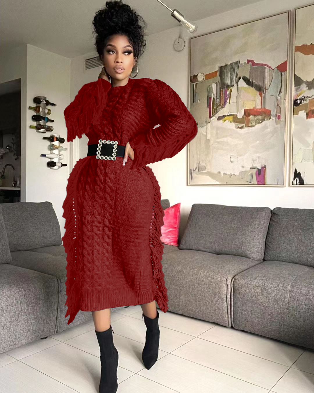Robe pull femme avec franges longues en maille pour l'hiver_voghion.com