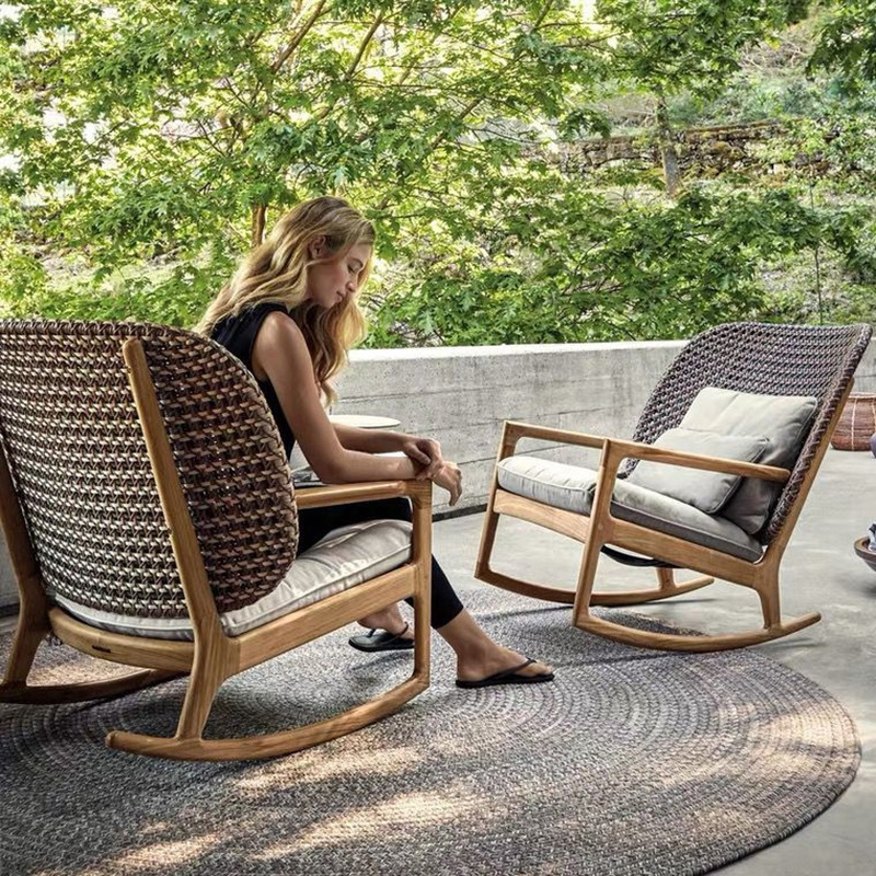 Outdoor solid wood sofa leisure outdoor rocking chair boutique rattan chair set courtyard Southeast Asian hotel balcony furniture