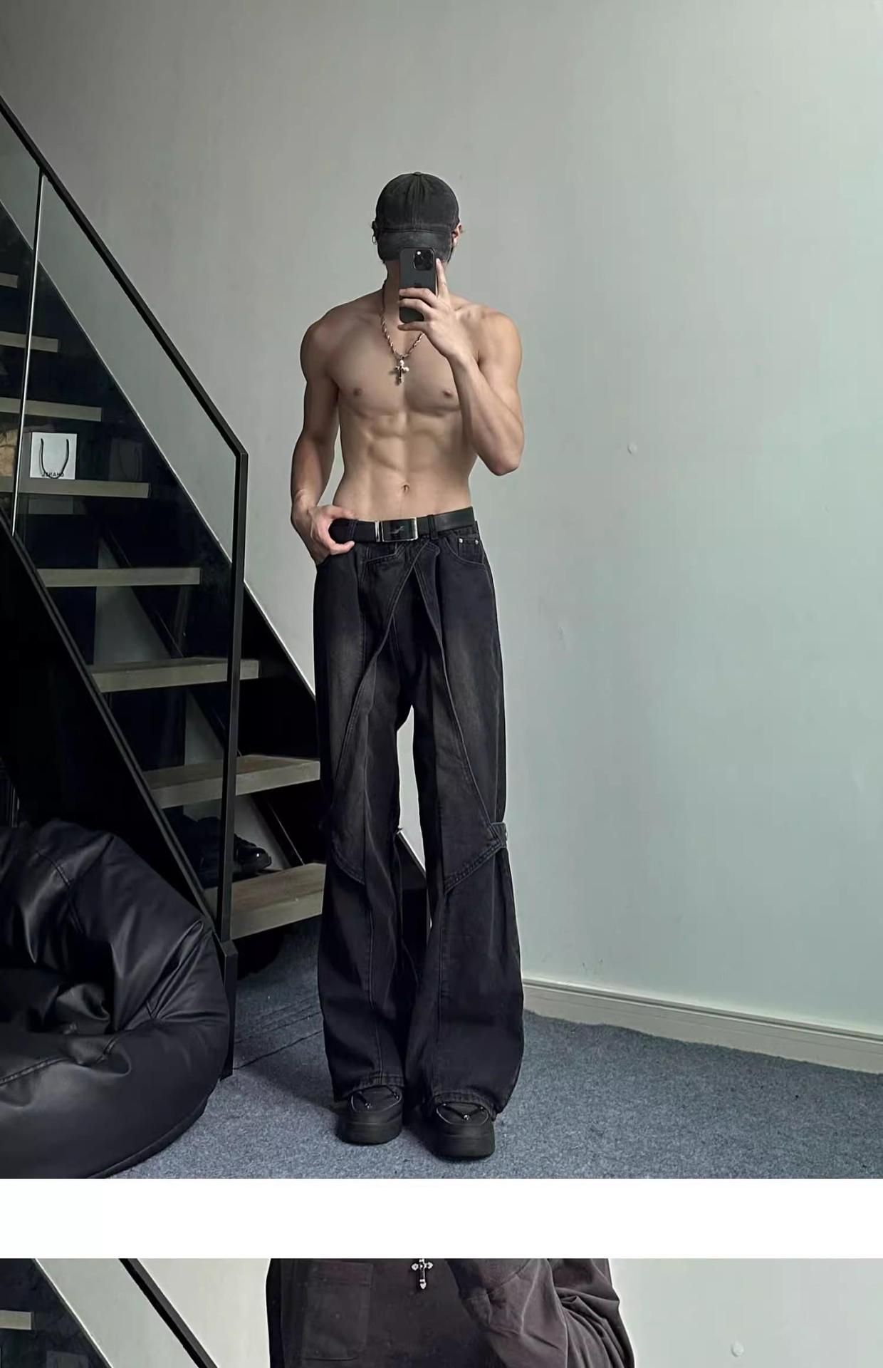 boy Black Cargo Jeans For Men, Design Sense Deconstructed Pants, European And American High Street Tall Flared Pants_voghion.com