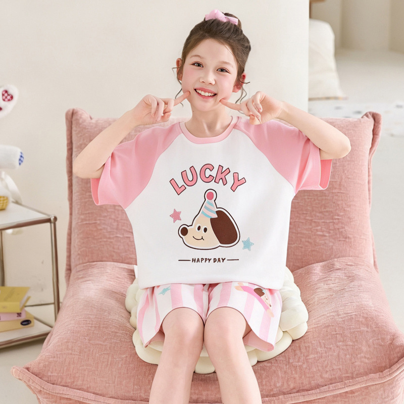 100% Cotton Medium and Large Kidsren's Pajamas Summer Girls Cartoon Short-Sleeved Shorts Home Clothes Girls Suit New Style